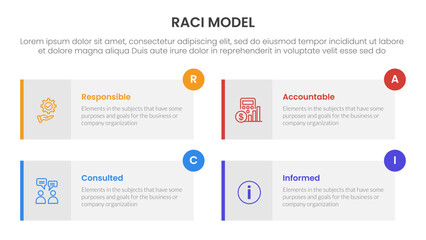 RACI model infographic 4 point stage template with long rectangle box symmetric circle badge for slide presentation