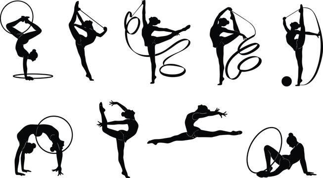 rhythmic gymnastics, gymnast silhouette, hoop routine, ribbon dance, flexibility, sport, athlete, acrobatics, performance, movement, balance, fitness, 
