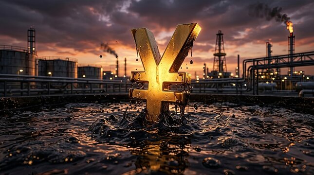 Golden yuan symbol rising from water at sunset with industrial oil refinery and pipelines in background warm dramatic light