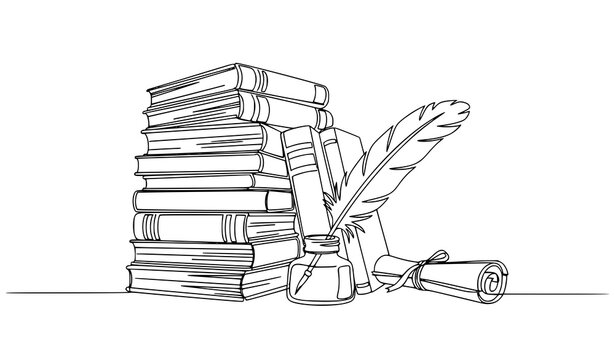 A minimalist line art illustration of a stack of books with a quill and scroll