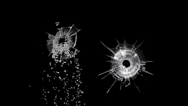 Broken cracks glass hitting by bullets two times in a row isolated with alpha transparent background. Gunshot concept