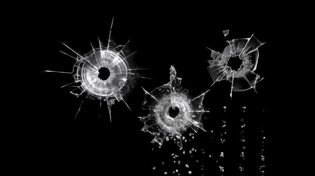 Broken cracks glass hitting by bullets three times in a row with alpha transparent background