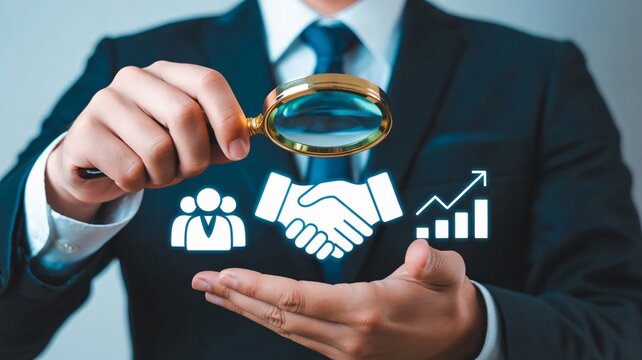 Businessman examining partnership and growth icons with magnifying glass