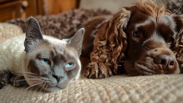 Smooth relaxing environment with a Devon Rex Cat and Cocker Spaniel Dog, Calm cat and dog rest side by side. Soft fur, gentle eyes, peaceful expressions. They share a quiet moment on cozy fabric. 