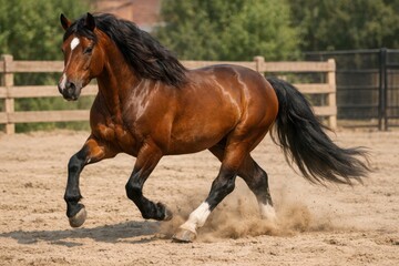 Obraz premium Majestic brown horse with flowing black mane and tail galloping in a dusty outdoor arena, showcasing power and grace for equestrian themes