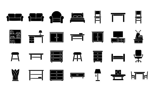 Furniture icon set with home and office items in flat minimal style isolated on white background