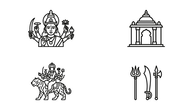 Outline Icons Set of Hindu Goddess Tulja Bhavani Vector, Temple, Lion, and Divine Weapons