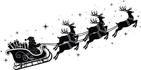 Santa Claus sleigh with reindeer silhouette, Christmas holiday festive icons, winter celebration artwork, magical gift delivery scene, flat vector illustration © Rahena ARAFAT
