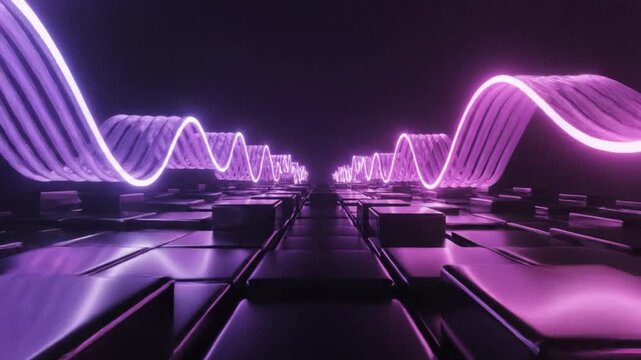 Glowing purple waves emanate from futuristic cubes in a dark technological environment.