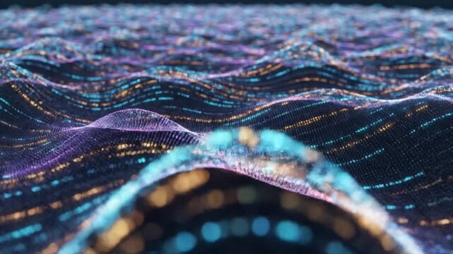 Abstract data wave Glowing particle landscape Digital flow motion Information technology background Cyber security concept Futuristic network surface Graphic design resource