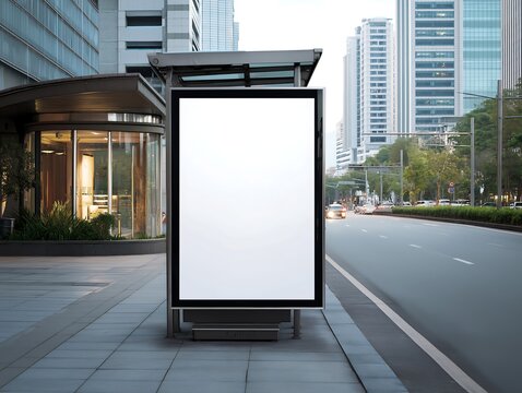 billboard on street corner blank white poster and advertiser ad space digital outdoor display lightbox mockup base empty display panel glass design soft streetscape shopping street