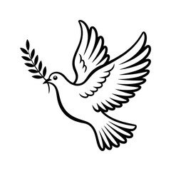 Peace dove with olive branch, flying bird symbol of harmony freedom hope vector illustration isolated