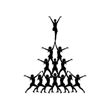 Cheerleading team pyramid formation, group of female cheerleaders performing stunt balance dynamic sport silhouette vector illustration