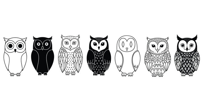 Seven stylized owl illustrations in black and white, decorative feather patterns, artistic bird designs, wisdom and mystery flat vector illustration