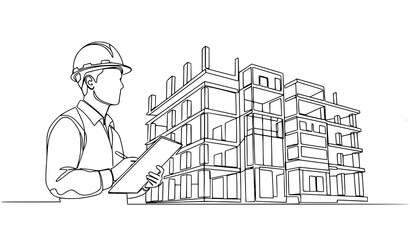 A construction worker in a hard hat stands beside a building blueprint © BokaUllah