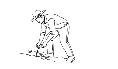 Fototapeta premium A minimalist line art illustration of a farmer planting a seedling