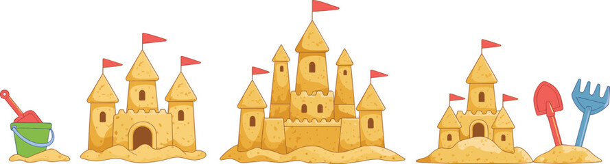 Cartoon sandcastle set with bucket shovel toys, beach summer illustration, kids sand castles collection, playful seaside vacation design isolated © Miss