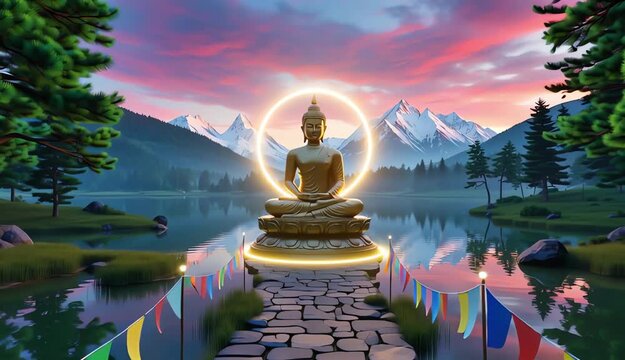 Golden Mahavir Jayanti meditating in profound serenity amidst majestic mountain peaks and a reflective tranquil lake, embodying enlightenment and the harmony of ... 