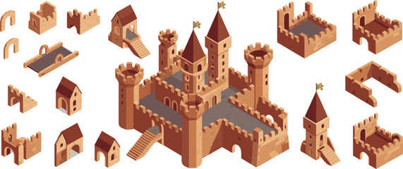 Isometric medieval castle construction kit, modular fortress towers walls gates stairs houses, fantasy strategy game assets, 3D architecture set © Miss