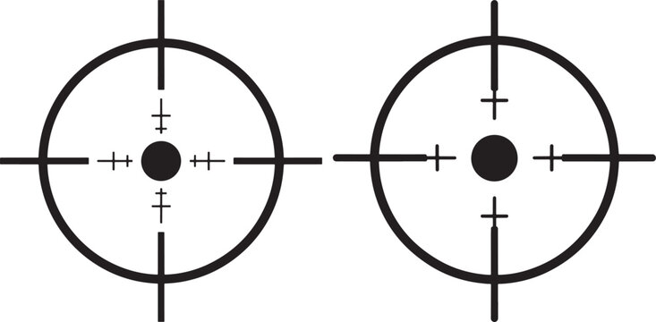 Two target reticles in silhouette, showing aiming sights with crosshairs and center points, symbolizing focus and precision, Gun Sight, Target Practice, Optics Graphic