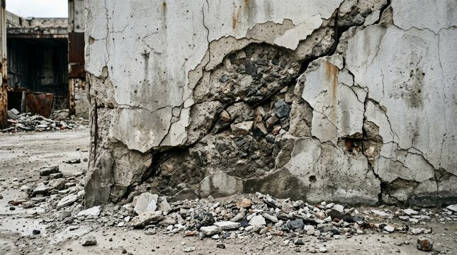 Close-up of a severely damaged and cracked concrete wall in an abandoned industrial building with debris scattered on the floor.