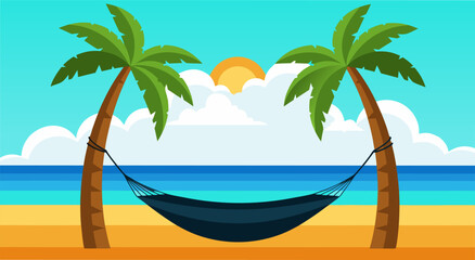 Obraz premium Tropical beach hammock vector illustration with palm trees and ocean view, perfect for vacation and relaxation themes