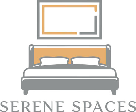 Beautiful minimalist logo for "Serene Spaces" brand identity, featuring a neatly made bed with pillows and a framed painting, representing comfort, tranquility, and modern interior design services.