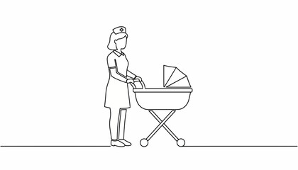 Fototapeta premium Nurse pushing a baby stroller, minimalist line art, healthcare and childcare concept