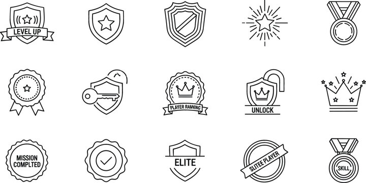 Achievement badge and award shield line icon set featuring winner medal crown premium elite quality certification and mission completed symbols
