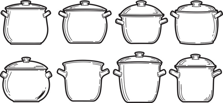 Assorted pots and lids in a line art illustration Vector