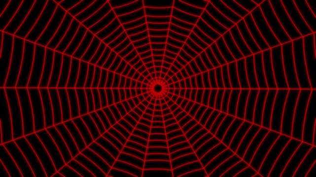 Outline red vector spider web on black background. Seamless animation of rotation movement.