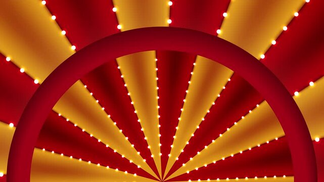 Circus animated rotation looped background of red and gold lines stripe with constellations light bulbs tinsel. Retro motion graphic carnival sun beam ray
