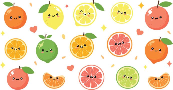 Cute kawaii citrus fruits vector illustration set with smiling orange, lemon, lime and grapefruit characters, colorful healthy food cartoon design