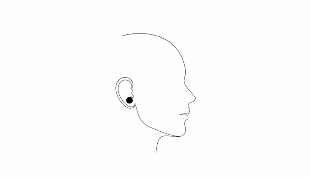 Minimalist black dot on earlobe, simple line art profile of a woman's head