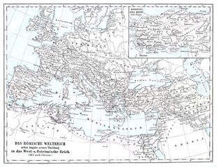 Naklejka premium Roman Empire's territories around 395 AD, highlighting the division into Western and Eastern regions with detailed geographic labels, old vintage illustration, 1880.