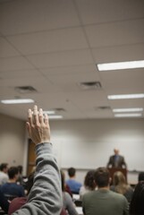 Fototapeta premium Vertical photo of student raising hand in lecture hall. Active participation in university classroom. Person asking question during lesson
