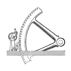 Obraz premium Mechanical flywheel starter with gears and levers, complex engineering in a vintage technical diagram, old vintage illustration, 1897.