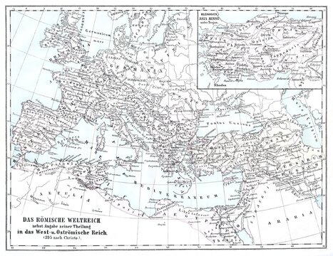 Roman Empire's territories around 395 AD, highlighting the division into Western and Eastern regions with detailed geographic labels, old vintage illustration, 1880.