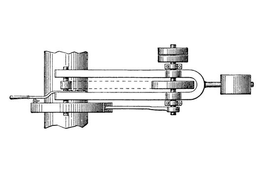 Safety device for pendulum saws, ground plan showing antique mechanical apparatus with gears and rods, old vintage illustration, 1897.
