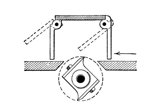 Safety device for planing machines, rotational mechanics with lever arms and circular component, vintage technical drawing, old vintage illustration, 1897.