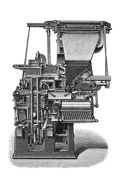 Linotype typesetting machine, complex historical machinery with intricate mechanical engineering and keyboard, old vintage illustration, 1897.