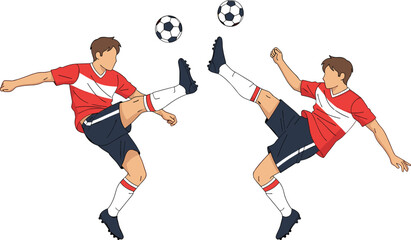 Soccer players performing bicycle kick, football athlete action pose with ball, dynamic sports movement illustration isolated vector design © Rahena ARAFAT