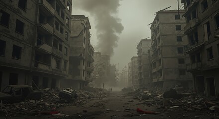 Destroyed city street with rubble and smoke plumes. War zone ruins with distant figures walking through debris. Post-apocalyptic urban landscape with wrecked cars