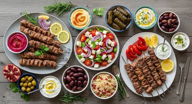 Vibrant Mediterranean feast with grilled kebabs, fresh Greek salad, hummus, and dolmades, presented on a rustic table for a delightful culinary experience