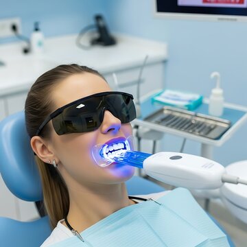 Young woman undergoes professional dental light-activated teeth whitening procedure