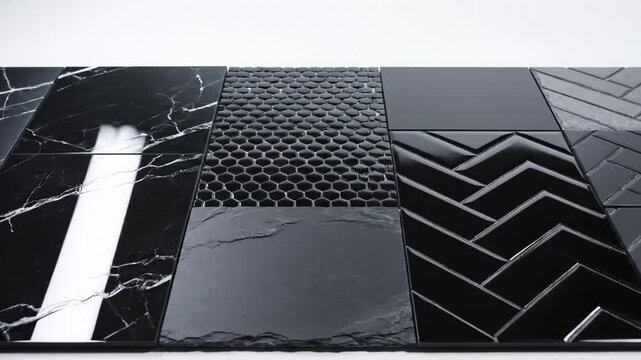 Collection of Black Tiles With Various Textures and Patterns, Close-Up Studio Shot