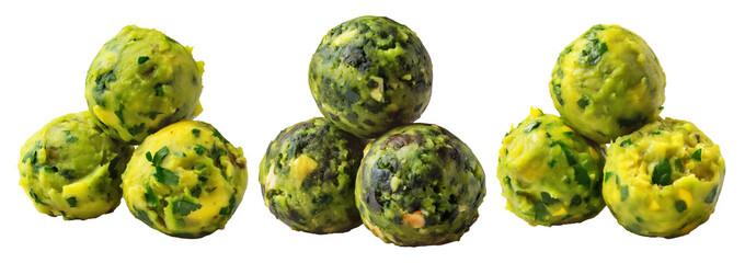 Fototapeta premium Mashed green plantains mixed with cheese or pork, shaped into balls, isolated on white background. Concept of vegetarian cuisine