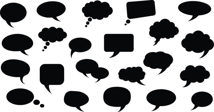 Speech bubble icon set, chat and dialogue symbols collection, communication message shapes, comment cloud silhouettes, social media conversation vector