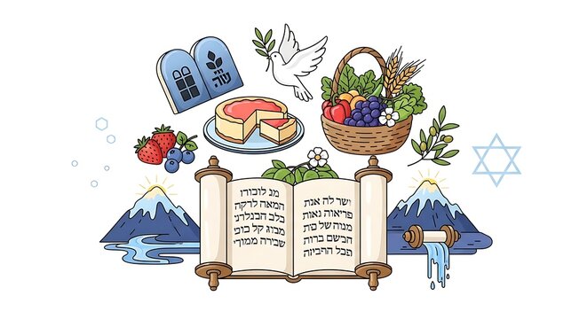 Jewish Shavuot holiday celebration elements with Torah tablets and first fruits