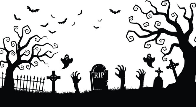 Spooky Halloween graveyard silhouette scene, haunted cemetery with bats ghosts zombie hands trees and RIP tombstone flat vector illustration